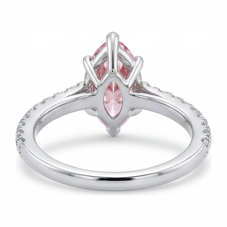 Bague diamant rose de laboratoire 2 carats taille marquise pavée en or blanc 14 carats