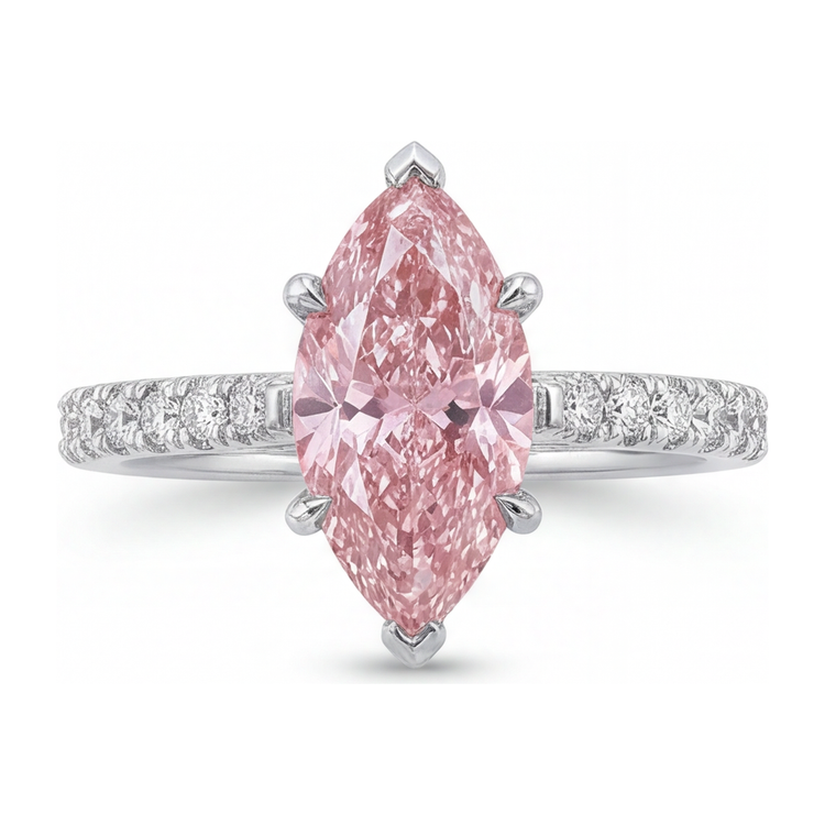 Bague en Or Blanc 14 carats avec Diamant Rose de laboratoire 2 carats taille Marquise pavée