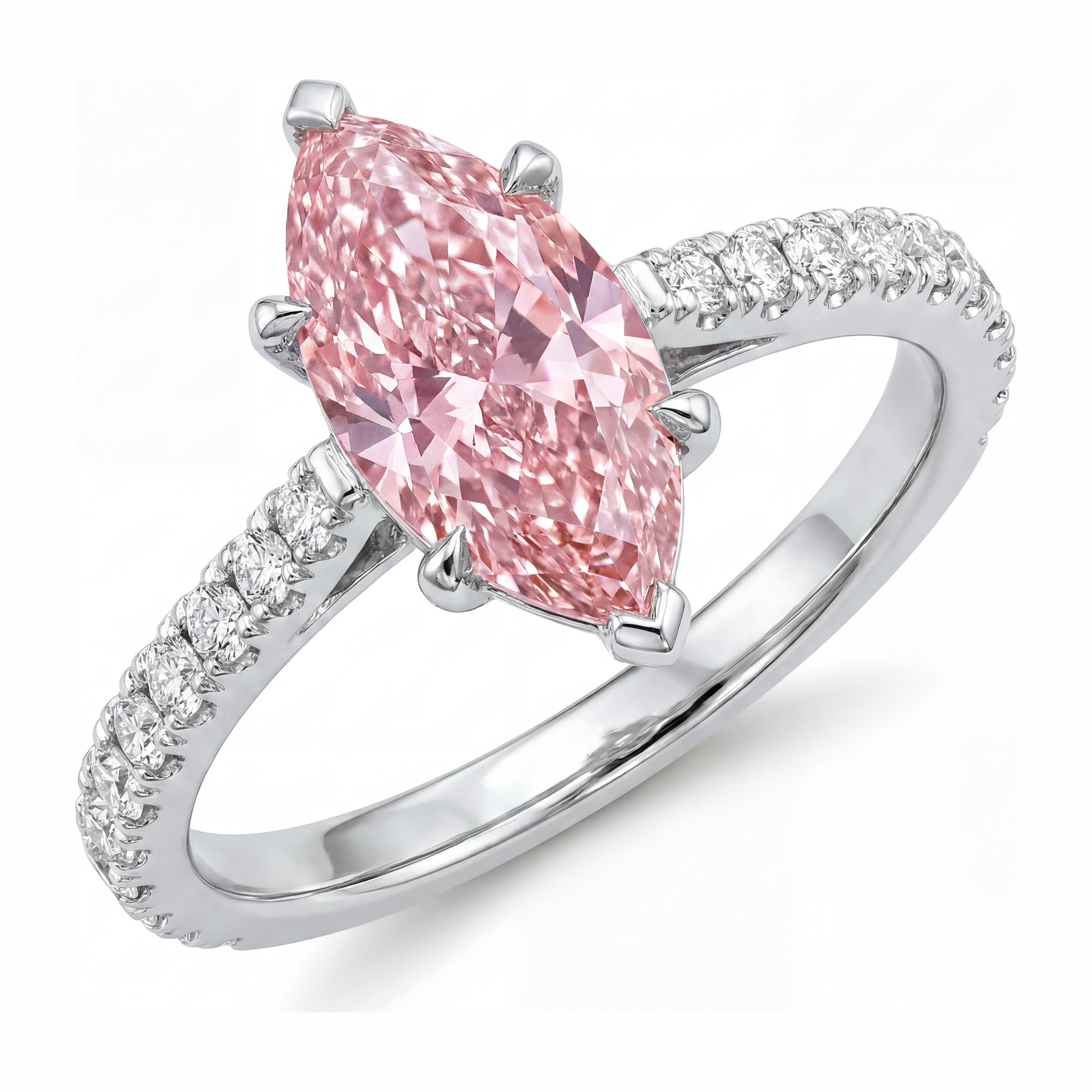 Bague en Or Blanc 14 carats avec Diamant Rose de laboratoire 2 carats taille Marquise pavée