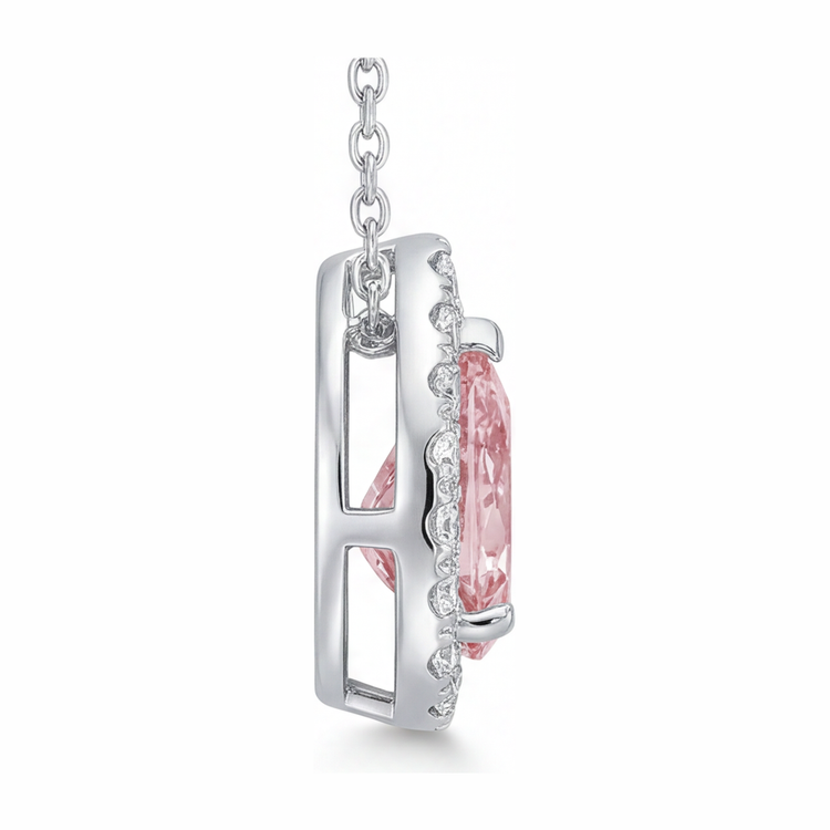 Collier Pendentif Diamant Rose de laboratoire 2 Carats Poire Halo en Or Blanc 14 Carats