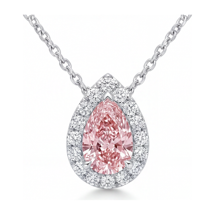 Collier Pendentif Halo Poire en Diamant Rose de Laboratoire 2 Carats en Or Blanc 14 carats