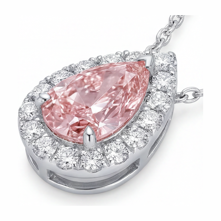 Collier Pendentif Diamant Rose de laboratoire 2 Carats Poire Halo en Or Blanc 14 Carats