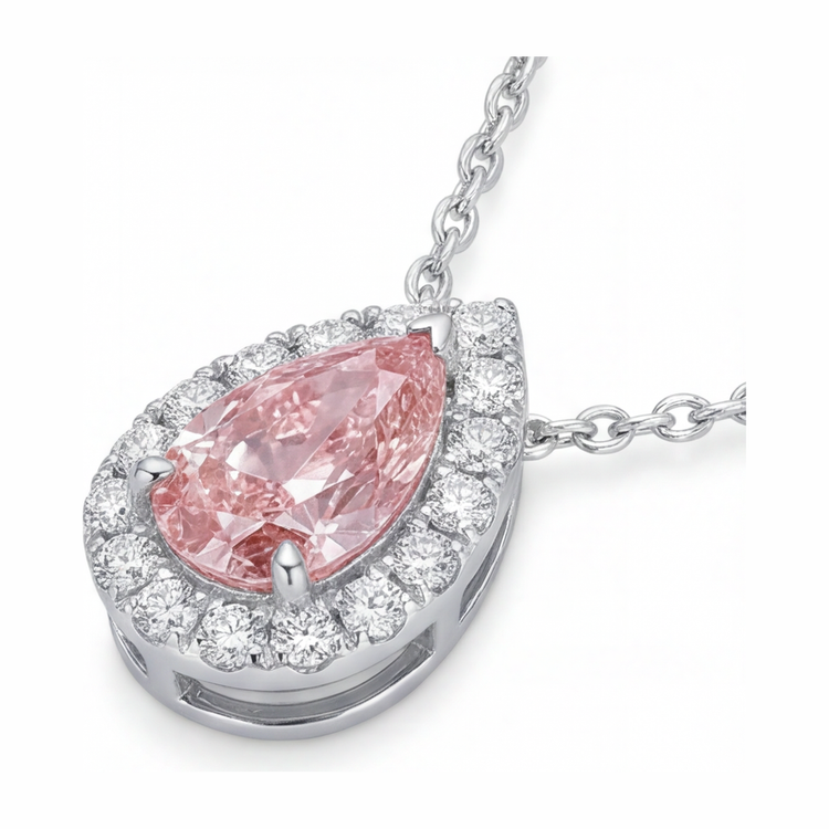 Collier Pendentif Diamant Rose de laboratoire 2 Carats Poire Halo en Or Blanc 14 Carats
