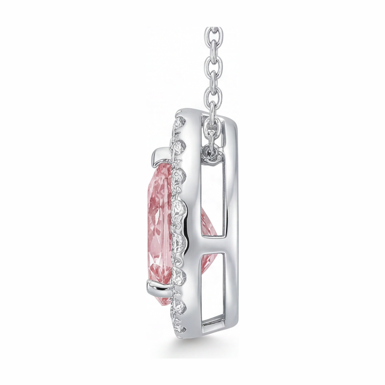 Collier Pendentif Diamant Rose de laboratoire 2 Carats Poire Halo en Or Blanc 14 Carats