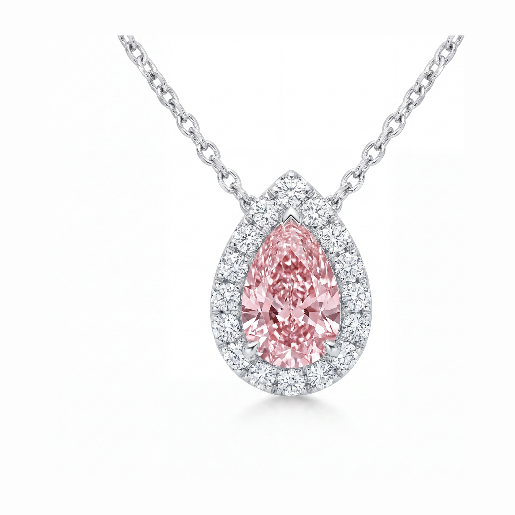 Collier Pendentif Halo Poire en Diamant Rose de Laboratoire 2 Carats en Or Blanc 14 carats