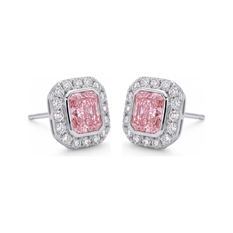 Boucles d'oreilles diamant rose 2 carats de laboratoire taille radiant halo en Or Blanc 14K