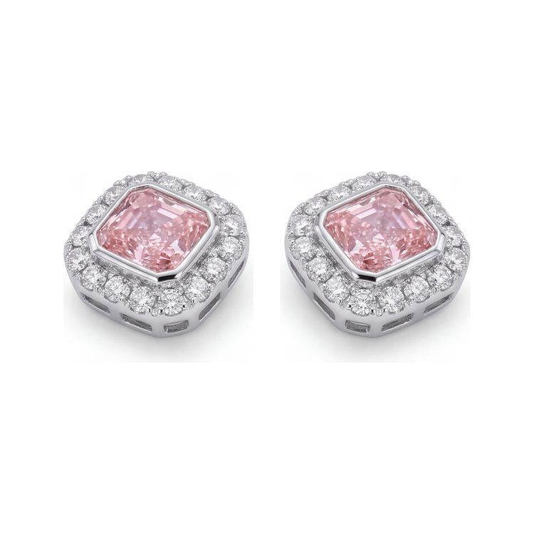 Boucles d'oreilles en diamant rose de laboratoire 2 carats taille radiant Halo en Or Blanc 14 carats