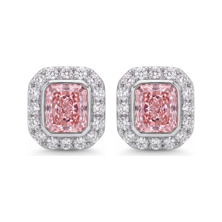 Boucles d'oreilles diamant rose 2 carats de laboratoire taille radiant halo en Or Blanc 14K