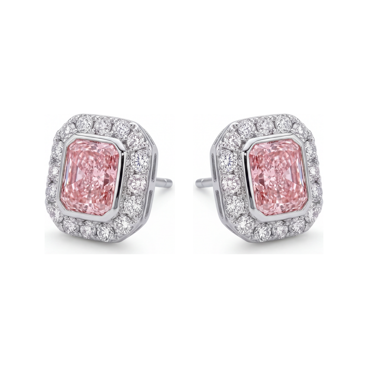 Boucles d'oreilles en diamant rose de laboratoire 2 carats taille radiant Halo en Or Blanc 14 carats
