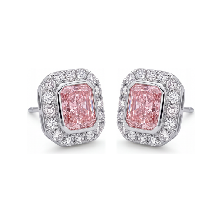 Boucles d'oreilles en diamant rose de laboratoire 2 carats taille radiant Halo en Or Blanc 14 carats