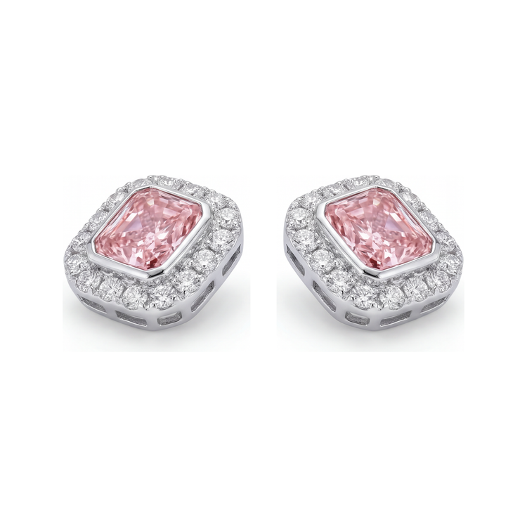Boucles d'oreilles en diamant rose de laboratoire 2 carats taille radiant Halo en Or Blanc 14 carats