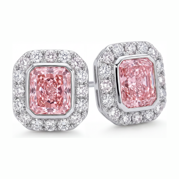 Boucles d'oreilles en diamant rose de laboratoire 2 carats taille radiant Halo en Or Blanc 14 carats