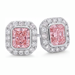 Boucles d'oreilles diamant rose 2 carats de laboratoire taille radiant halo en Or Blanc 14K