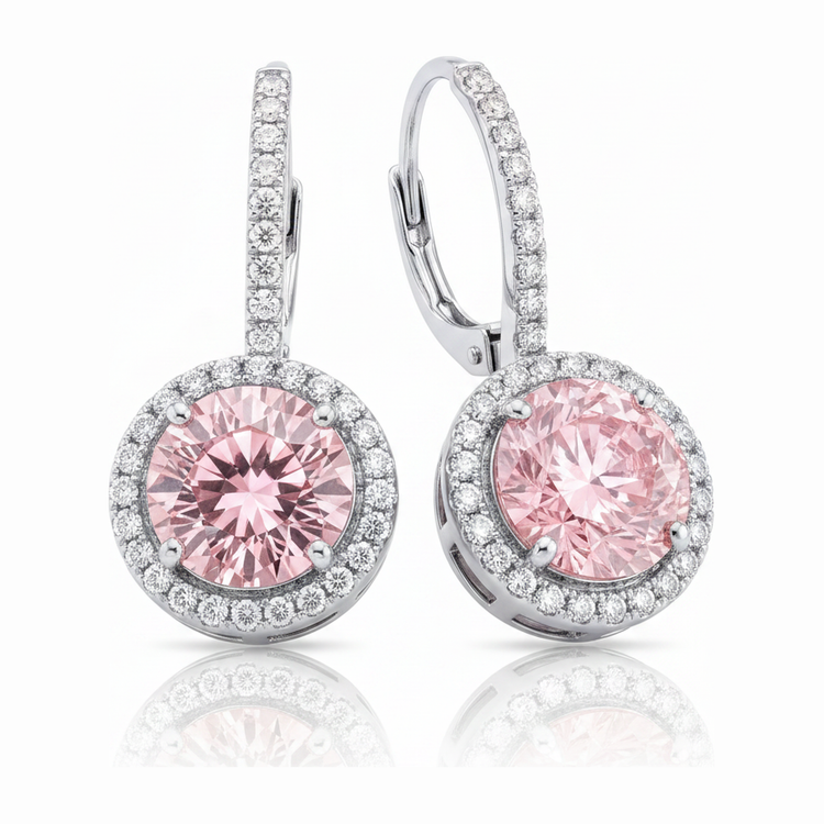 Boucles d'oreilles halo diamant rose de laboratoire rond 2 carats en Or Blanc 14 carats