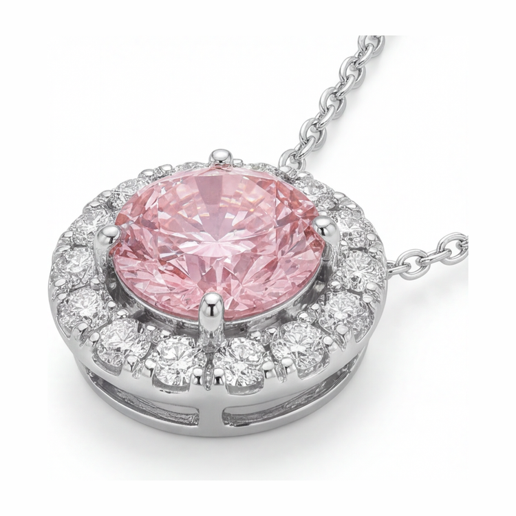 Collier Pendentif Diamant Rose de laboratoire 2 Carats Halo Rond en Or Blanc 14 Carats