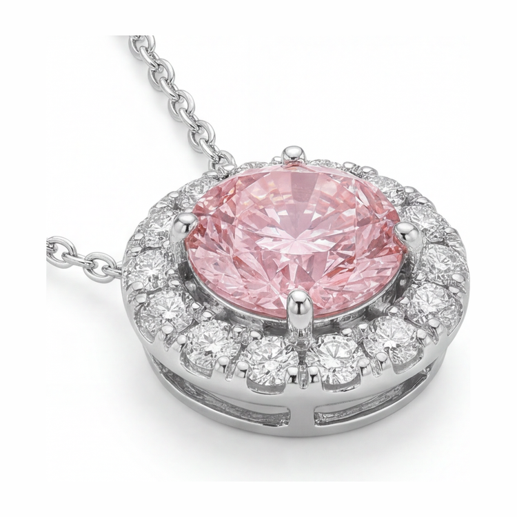 Collier Pendentif Halo Rond en Diamant Rose de laboratoire 2 Carats Or Blanc 14 Carats