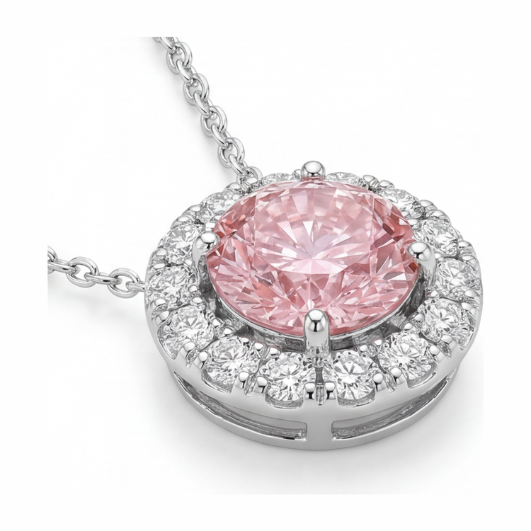 Collier Pendentif Diamant Rose de laboratoire 2 Carats Halo Rond en Or Blanc 14 Carats