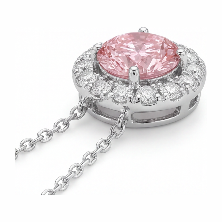Collier Pendentif Halo Rond en Diamant Rose de laboratoire 2 Carats Or Blanc 14 Carats