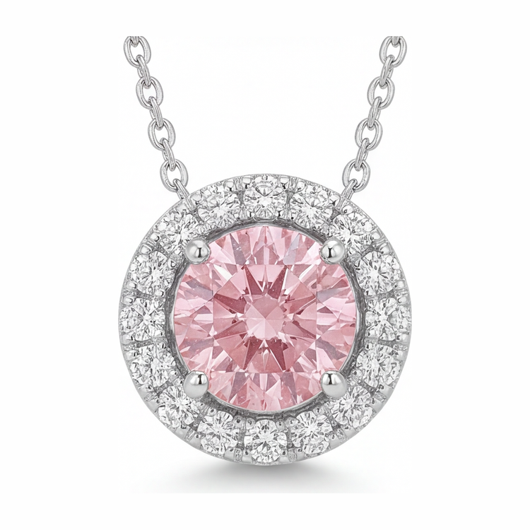 Collier Pendentif Halo Rond en Diamant Rose de laboratoire 2 Carats Or Blanc 14 Carats