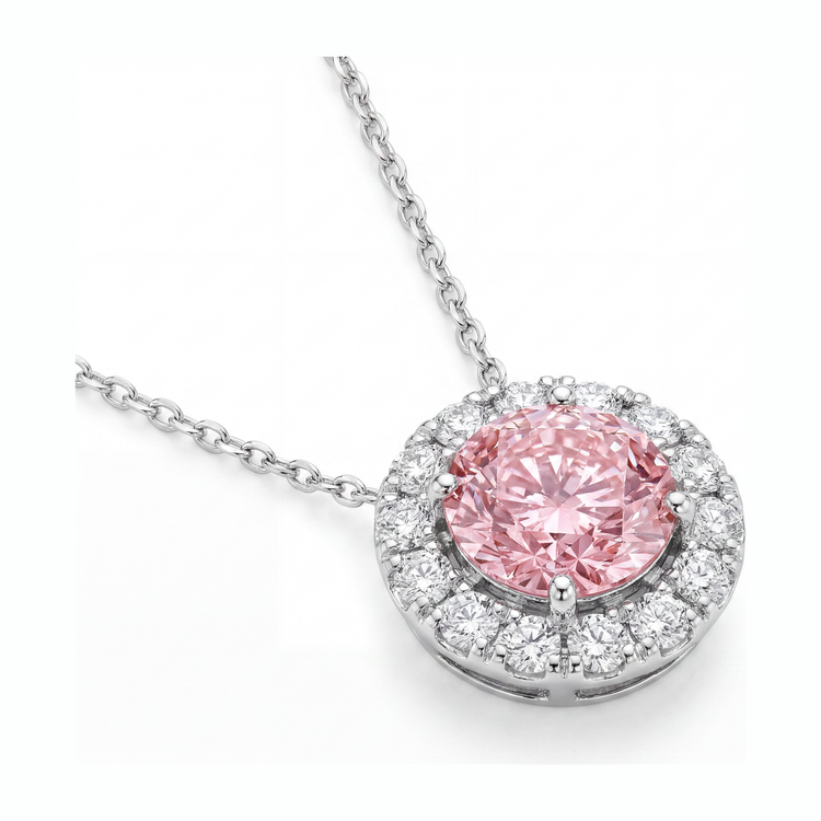 Collier Pendentif Diamant Rose de laboratoire 2 Carats Halo Rond en Or Blanc 14 Carats