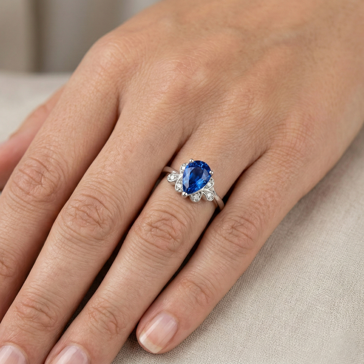 2.30 Carats Bague Saphir Ceylan Et Diamant Naturels Extraits des Mines ( et non cultivés en laboratoire ) Or Blanc 14K