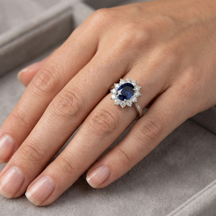 2.45 carats ovale saphir de Ceylan avec bague de mariage diamants14K