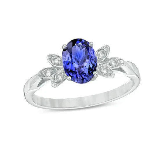 Tanzanite Bleue Taille Ovale Bague avec Gemme en Or 14K Blanc – vue principale