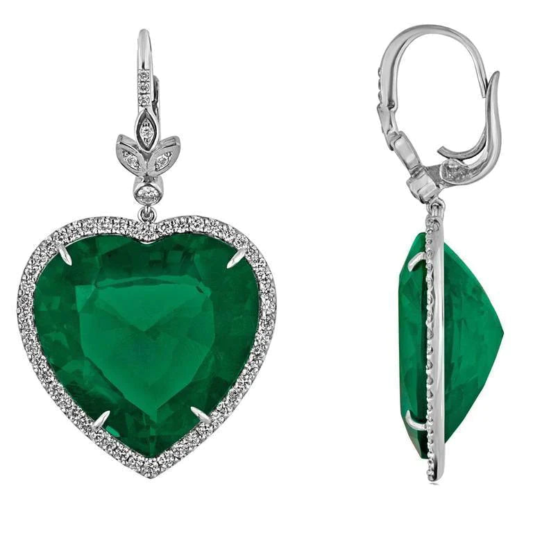 21.20 carats coeur émeraude Vert avec diamant boucle d'oreille or blanc 14K