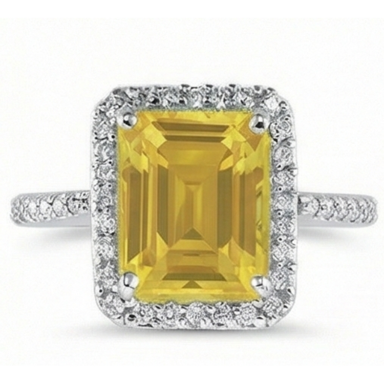 Citrine Taille Émeraude Bague avec Gemme en Or Blanc 14 Carats – vue de face