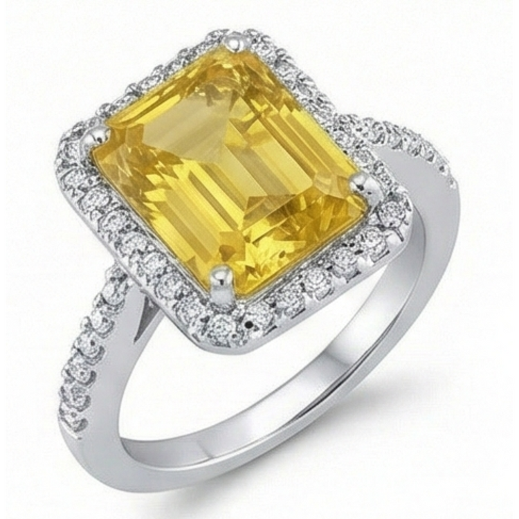 Taille Émeraude Citrine bague en Or Blanc 14 Carats – vue de côté
