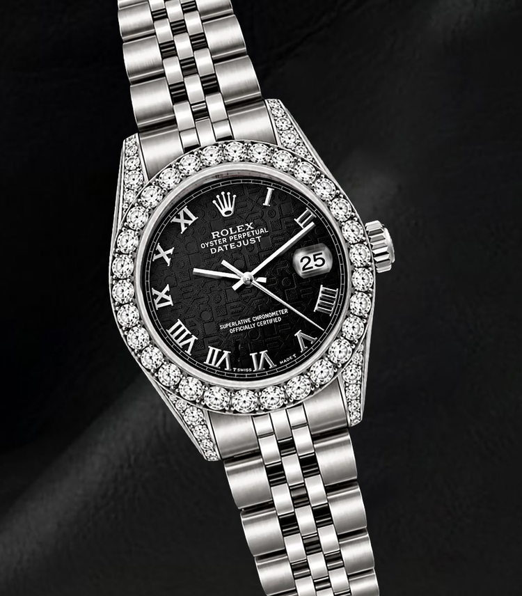 Montre Rolex Datejust 6916 Cadran Noir à Chiffres Romains 26 mm Lunette en Diamants Acier Inoxydable