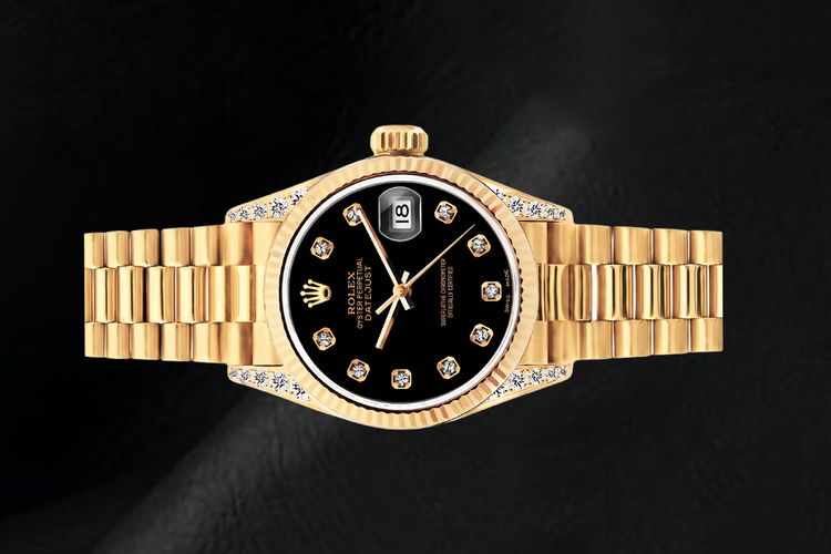 Montre Rolex Datejust 26 mm 69178 en Or Jaune 18 carats Cadran Diamants Noir