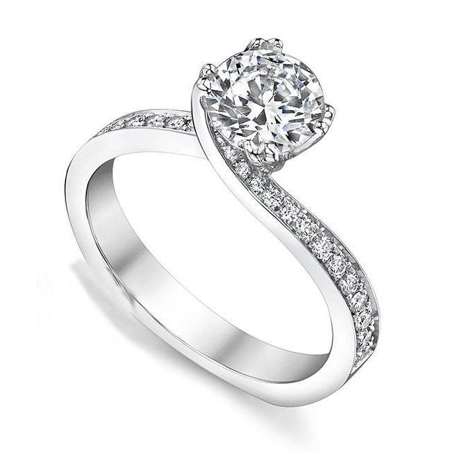 Diamant Fin Taille Brillant Bague Solitaire avec Accents en Or Blanc 14 Carats – vue principale
