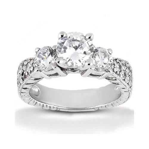 2.01 Carats Réel Diamants Style Antique Bague de Fiançailles 3 Pierres Or Neuf