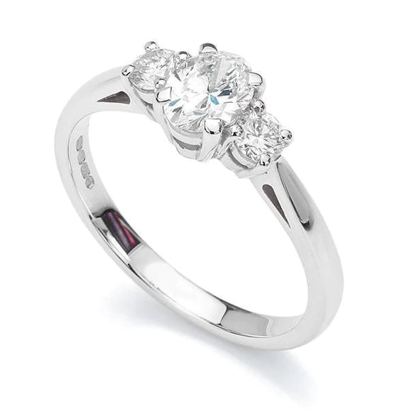 2.30 Carats Bague Ovale Et Ronde 3 Pierres Réel Diamant Or Blanc 14K