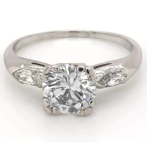 2.30 Carats Bague Ronde & Authentique Diamant Marquise 3 Pierres Or Blanc 14K