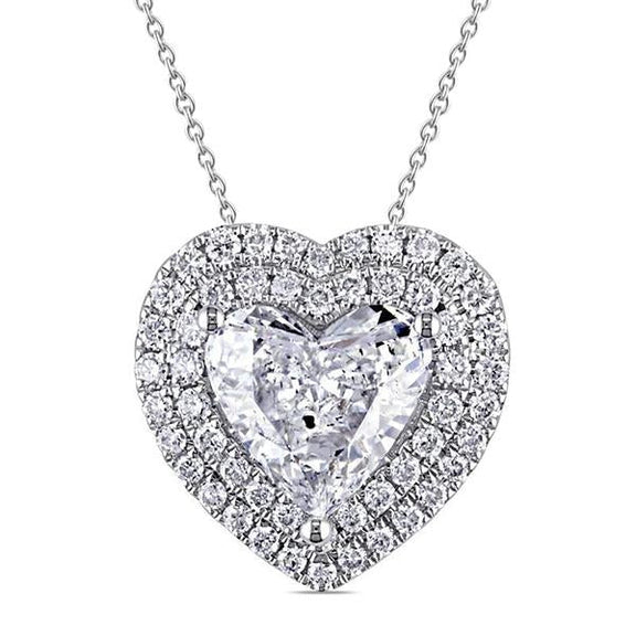 2.54 Carats Collier Pendentif En Forme De Coeur Réel Diamants Or Blanc 14K