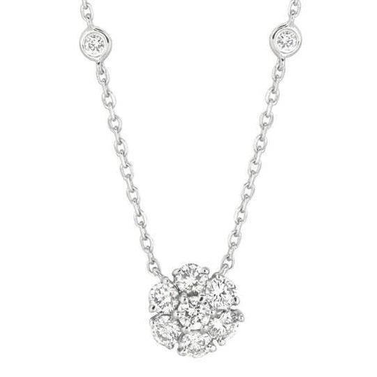 2.90 Carats Collier Fleur & Lunette Réel Diamant Pendentif Or Blanc 14K
