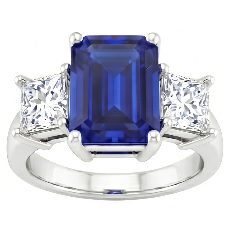 3.05 carats. Bague Trois Pierres Émeraude Ceylan Saphir Et Diamants Naturels Extraits des Mines ( et non cultivés en laboratoire )