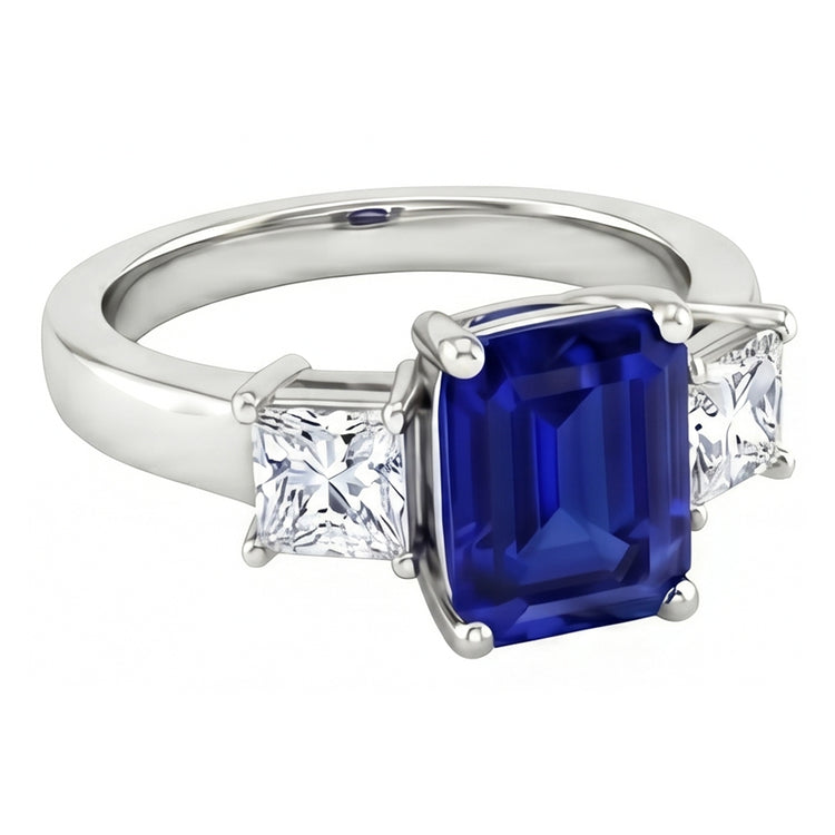 3.05 carats. Bague Trois Pierres Émeraude Ceylan Saphir Et Diamants Naturels Extraits des Mines ( et non cultivés en laboratoire )