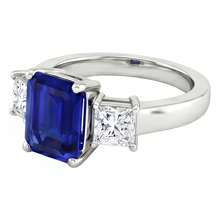 3.05 carats. Bague Trois Pierres Émeraude Ceylan Saphir Et Diamants Naturels Extraits des Mines ( et non cultivés en laboratoire )