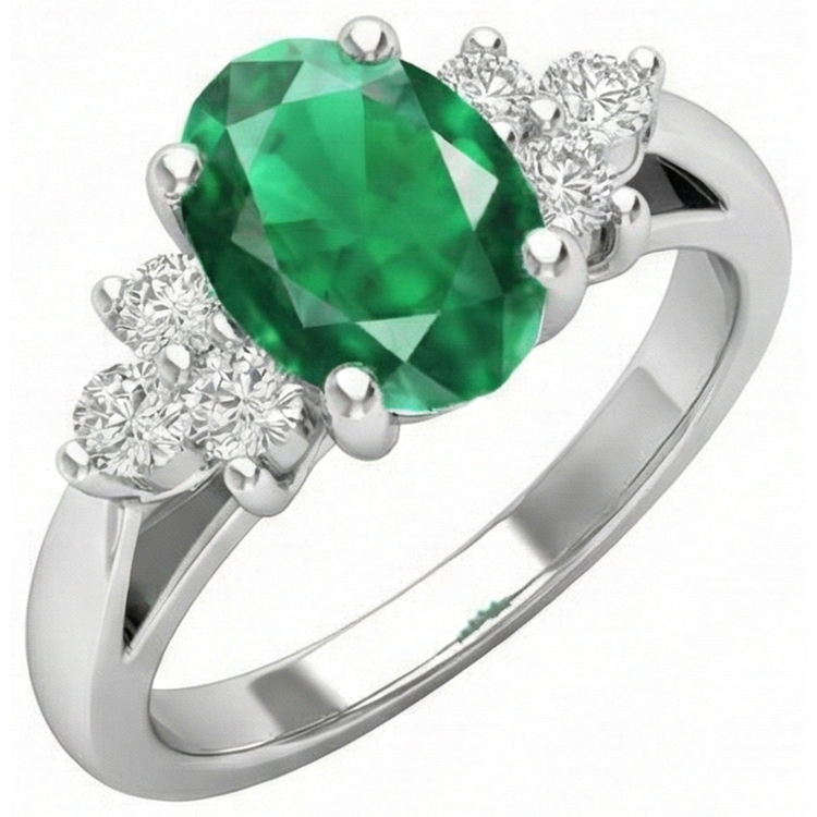 3.10 Carats Sertie De Griffes Emeraude Vert Et Diamant Naturels Extraits des Mines ( et non cultivés en laboratoire ) Bague Pierres Précieuses Or Blanc 14K