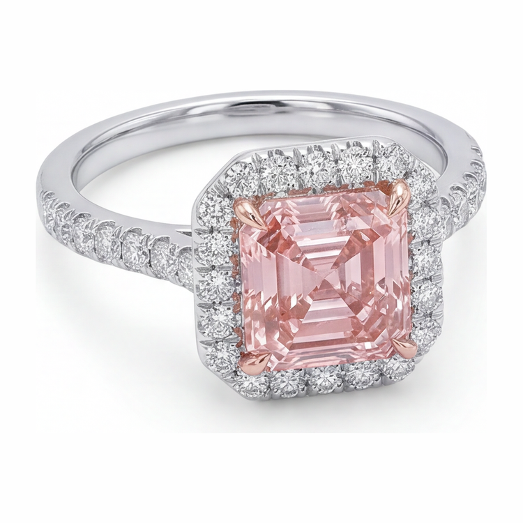 Bague de Fiançailles Halo pour Femme avec Diamant Rose de laboratoire 3,25 Carats Taille Asscher en Or Blanc 14 carats