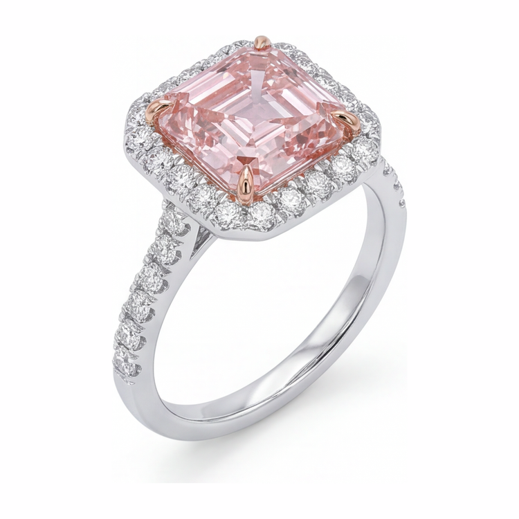 Bague de Fiançailles Halo pour Femme avec Diamant Rose de laboratoire 3,25 Carats Taille Asscher en Or Blanc 14 carats