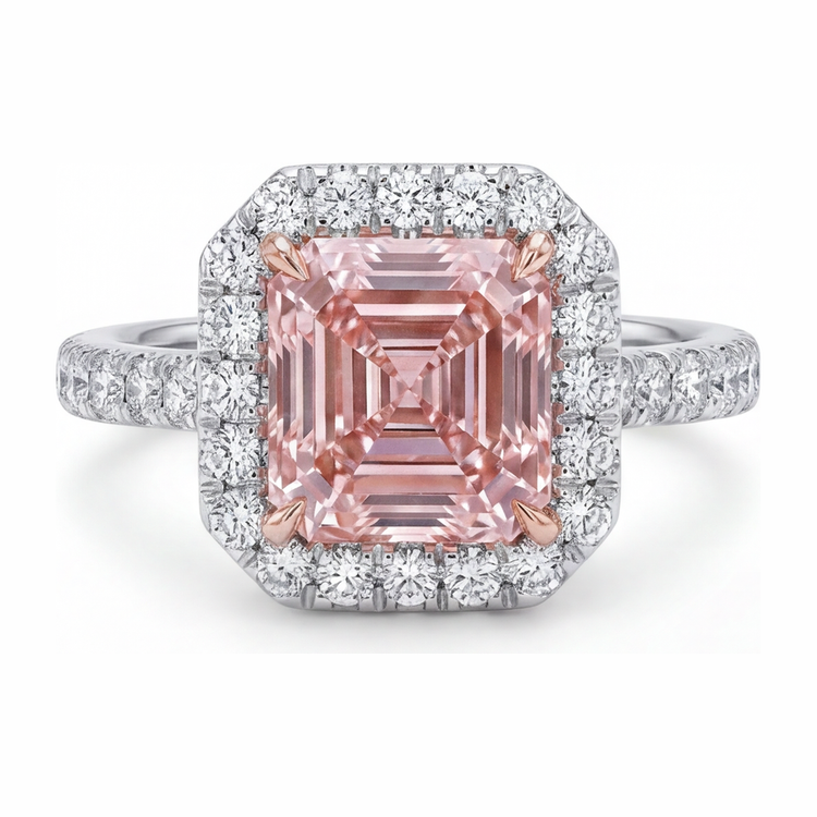 Bague de Fiançailles Halo pour Femme Diamant Rose de laboratoire 3,25 Carats Asscher en Or Blanc 14 Carats