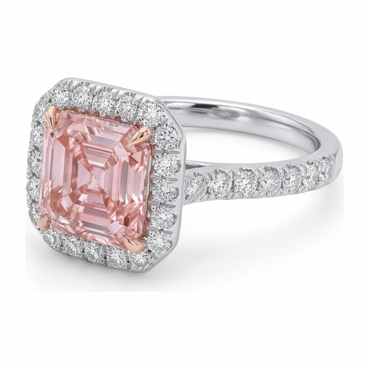 Bague de Fiançailles Halo pour Femme avec Diamant Rose de laboratoire 3,25 Carats Taille Asscher en Or Blanc 14 carats