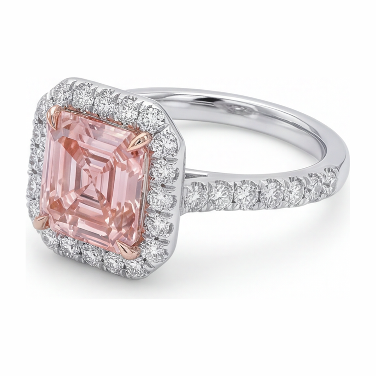 Bague de Fiançailles Halo pour Femme avec Diamant Rose de laboratoire 3,25 Carats Taille Asscher en Or Blanc 14 carats
