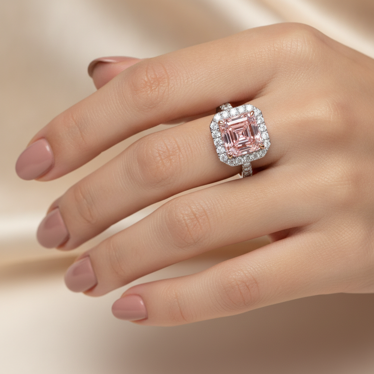 Bague de Fiançailles Halo pour Femme avec Diamant Rose de laboratoire 3,25 Carats Taille Asscher en Or Blanc 14 carats