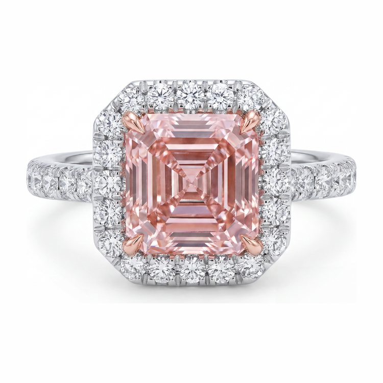 Bague de Fiançailles Halo pour Femme Diamant Rose de laboratoire 3,25 Carats Asscher en Or Blanc 14 Carats