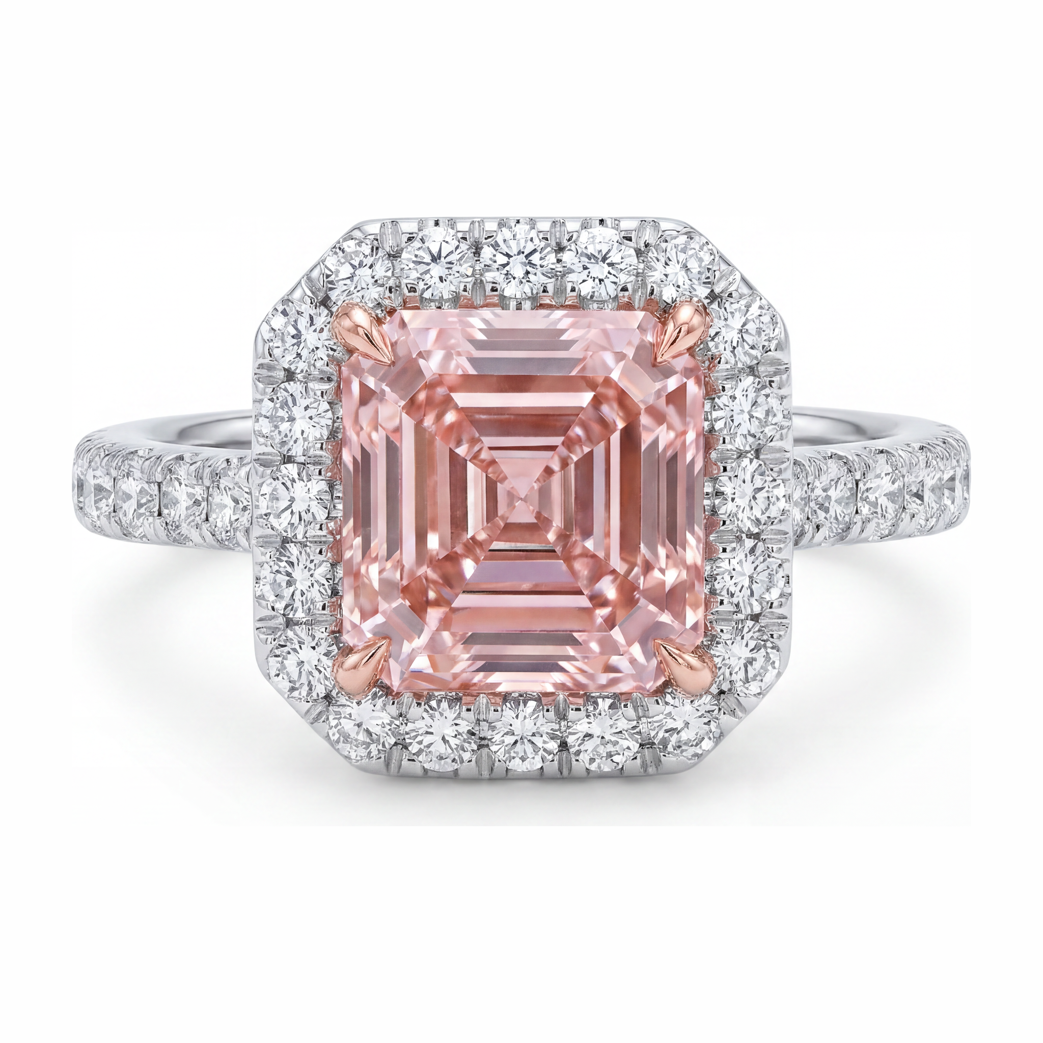 Bague de Fiançailles Halo pour Femme avec Diamant Rose de laboratoire 3,25 Carats Taille Asscher en Or Blanc 14 carats